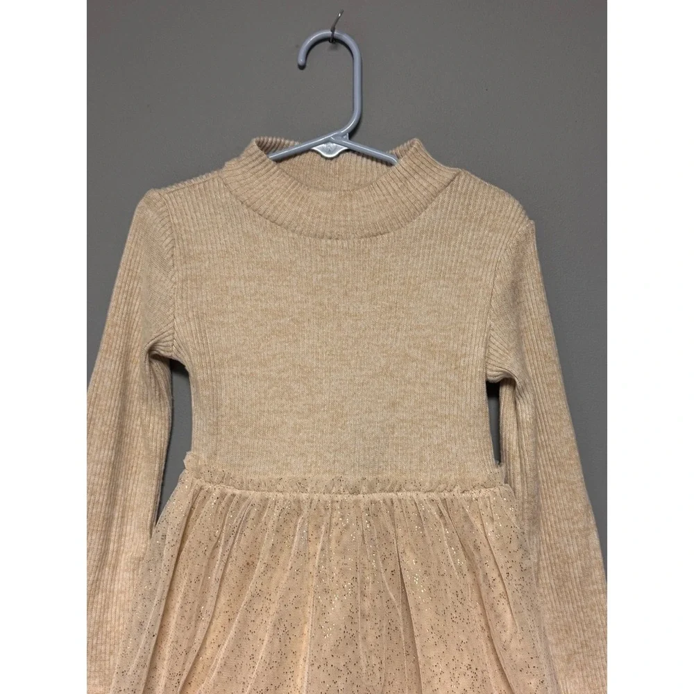 OshKosh Bgosh Toddler Girls 5T Ribbed Knit Glitter Tulle Tutu Dress Oatmeal Gold